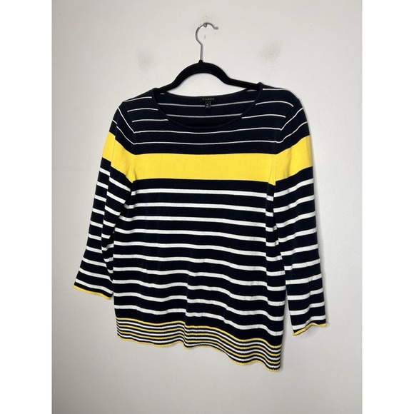 Talbots Navy Blue Yellow And White Striped 3/4 Sleeve Sweater Size Medium - Picture 2 of 9